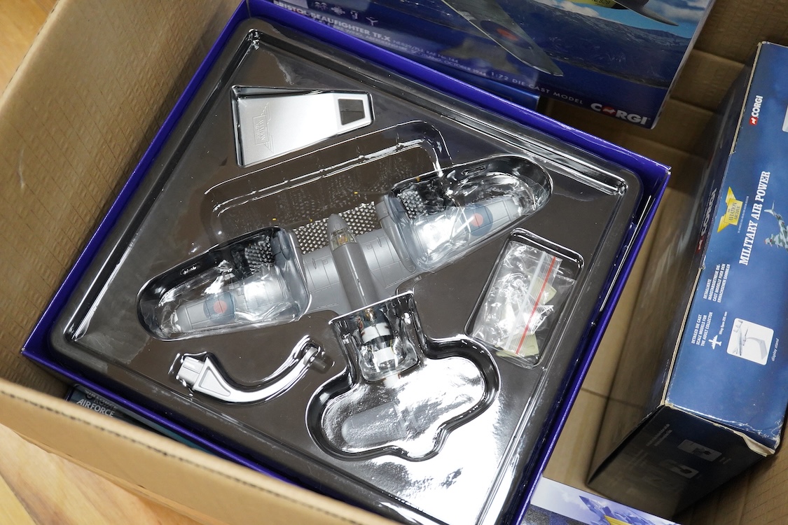 Eight Corgi Aviation Archive and Oxford Diecast aircraft, most in 1:72 scale; Bristol Beaufighter TF.X, Handley Page Victor K.2, Gloster Sea Gladiator, DeHavilland Mosquito B.IV, Messerschmitt BF 109E-3, Hawker Typhoon M
